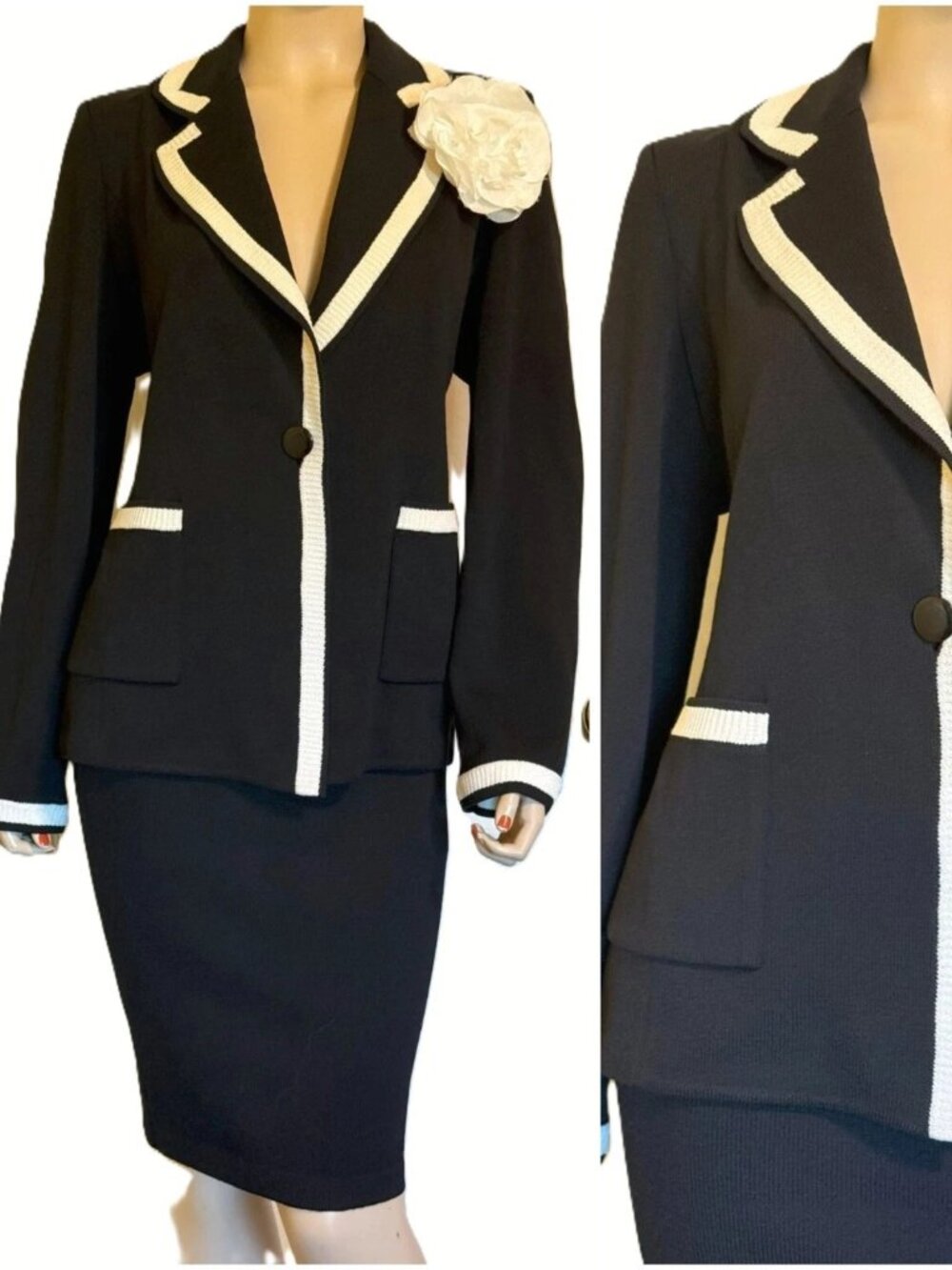 NWT & LKNU St John Black & White Caviar Skirt & Jacket Suit sz 12